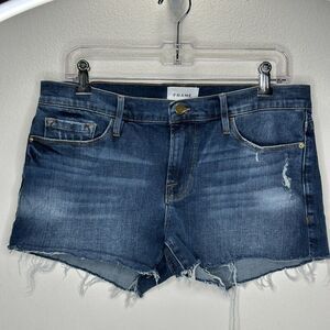 Frame Le Cutoff Medium Blue Wash Distressed Raw Hem Zip Jean Shorts 28